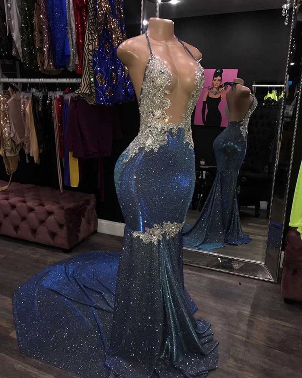 

Blue South African Prom Dresses Mermaid Halter Sequins Beaded Black Girls Nigeria Robe De Soiree Evening Dresses Gown