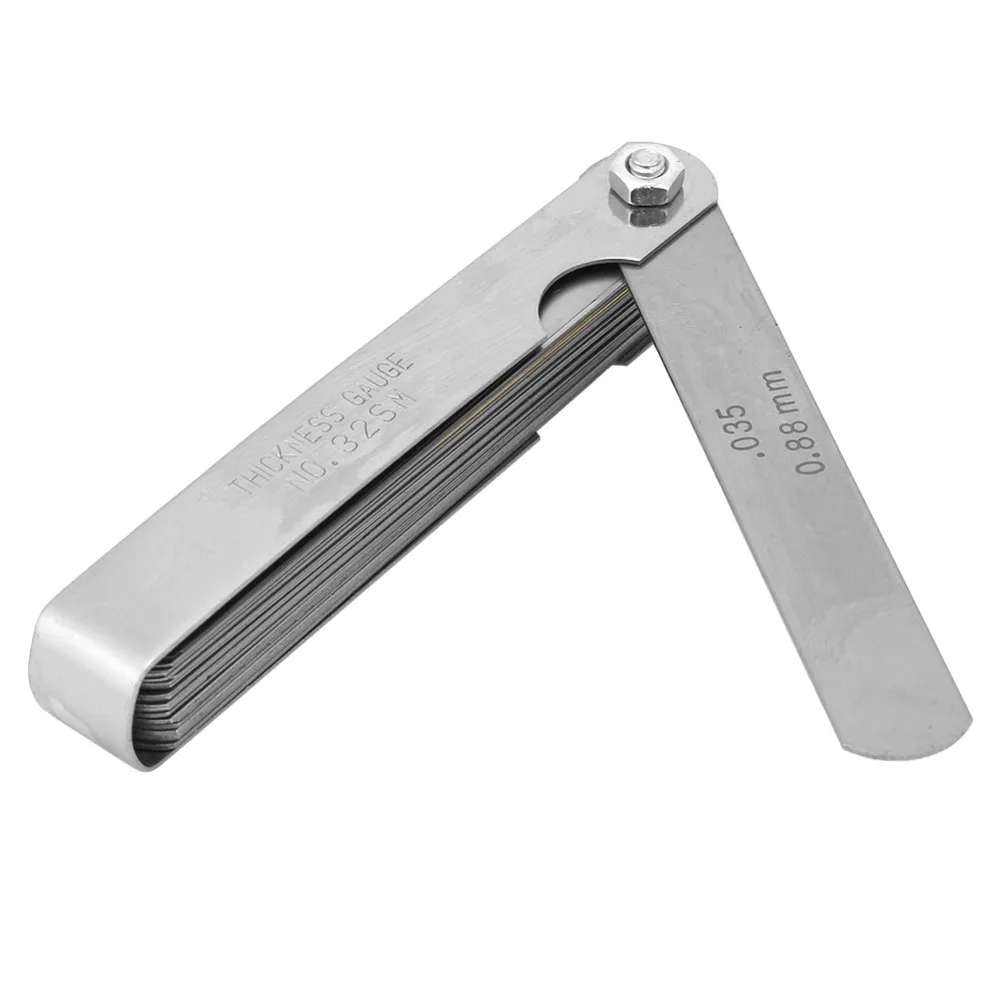 2개 세트 32날 필러 게이지 세트 스테인리스 스틸 이중 표시 밸브 두께 게이지 미터법 0.04-0.88mm 테이퍼 블레이드 필러 게이지