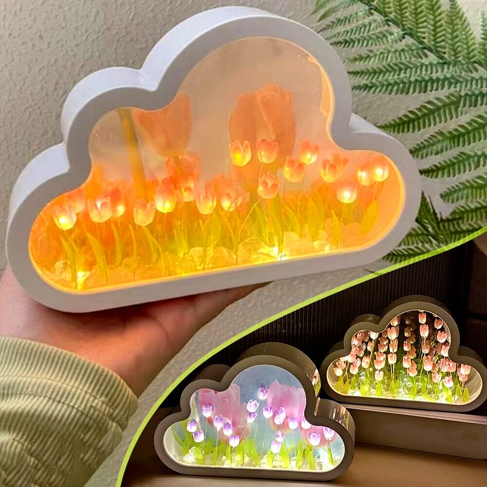 DIY 클라우드 튤립 야간 조명 수제 LED 거울 램프, 홈 데스크탑 장식, 2 인 1 튤립 꽃 거울, 어린이 소녀 선물