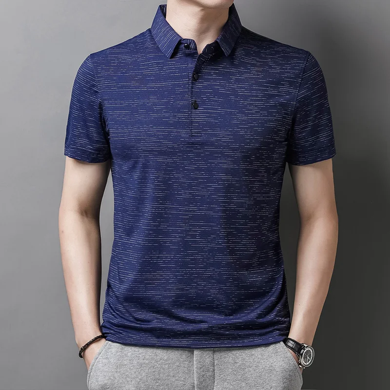 

Mens Polo Shirts with Short Sleeve Summer Thin Breath Quick Dry Sports Clothe Striped Slim Fit Turn-Down Collar Clothing