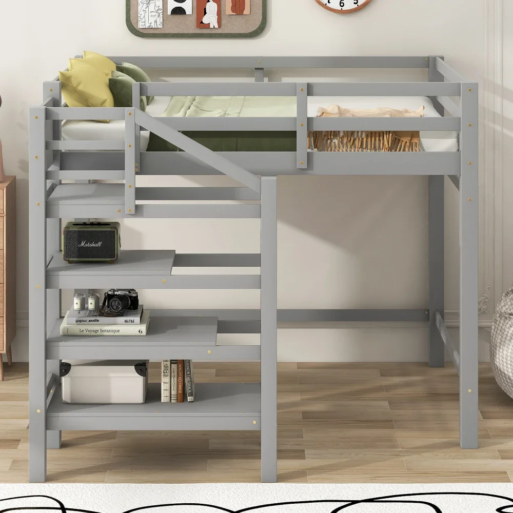 Full Size Loft Bed with Built-in Storage Staircase and Hanger Clothes,White Bed for Boys Bunk Beds for Kids Kids Bed Twin Beds 3