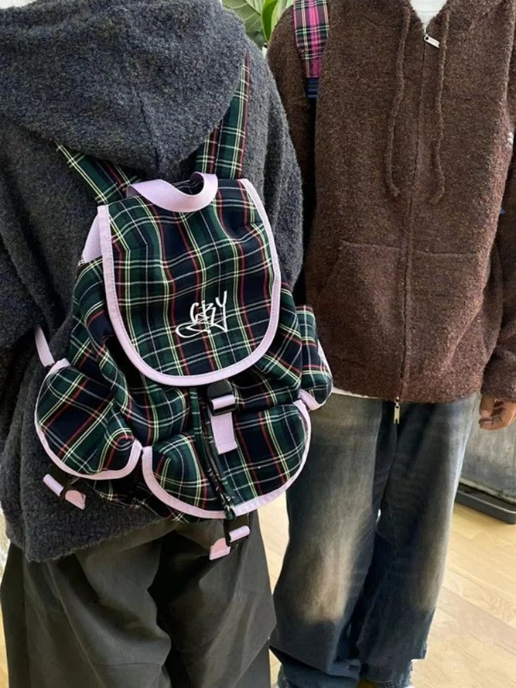 Preppy Style Vintage Plaid Pattern College Students School Bag Backpack Multiple Pockets Commuter Backpack Mochilas Para Mujer