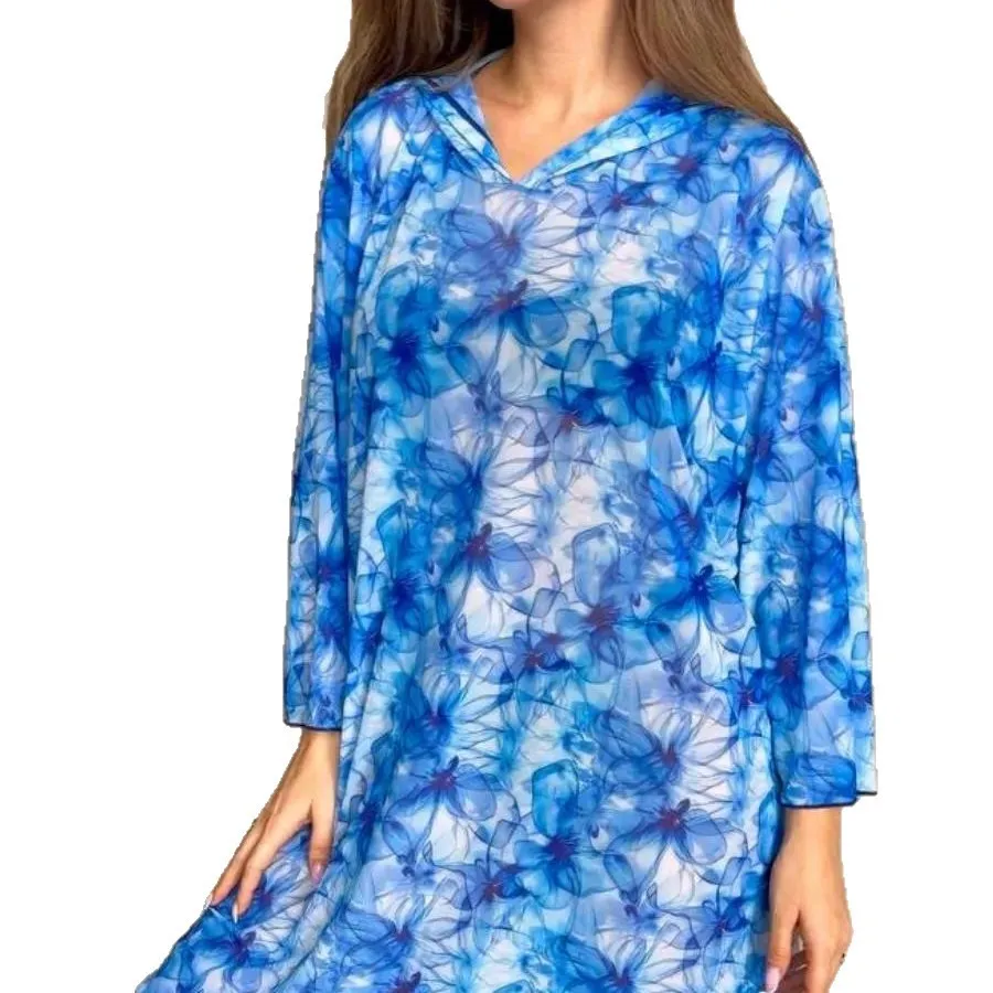 Pareo Dress Beach Tropical Leaf Print Tunic Swim Blue Sheer Three Quarter Sleeve Women's Cover-ups 5