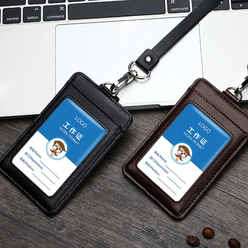 Real Leather Business Work Card Holder ID Badge Holders with Nylon Lanyard Id Name Tag Chest Cards Cases Retractable Reel Clips