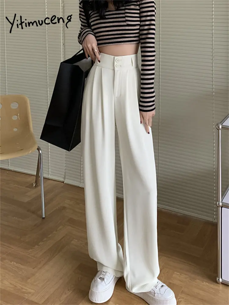Yitimuceng High Waisted Pants for Women 2023 Autumn New Fashion Solid  Casual Straight Pant Office Lady Loose Chic Wide Leg Pants
