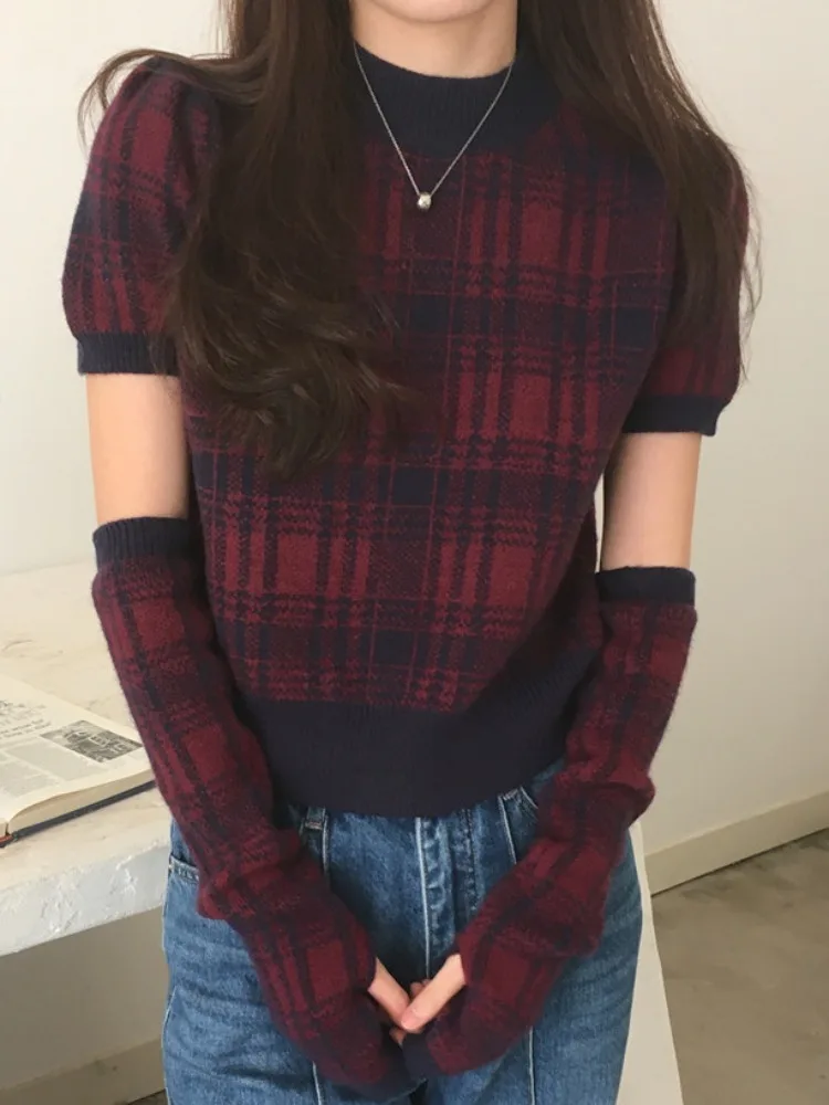 Chic Winter Anti-Aging round Ne Color Blo Plaid Casual Versatile ort Sve Sweater Women's Sve Set Commute Sle Re...