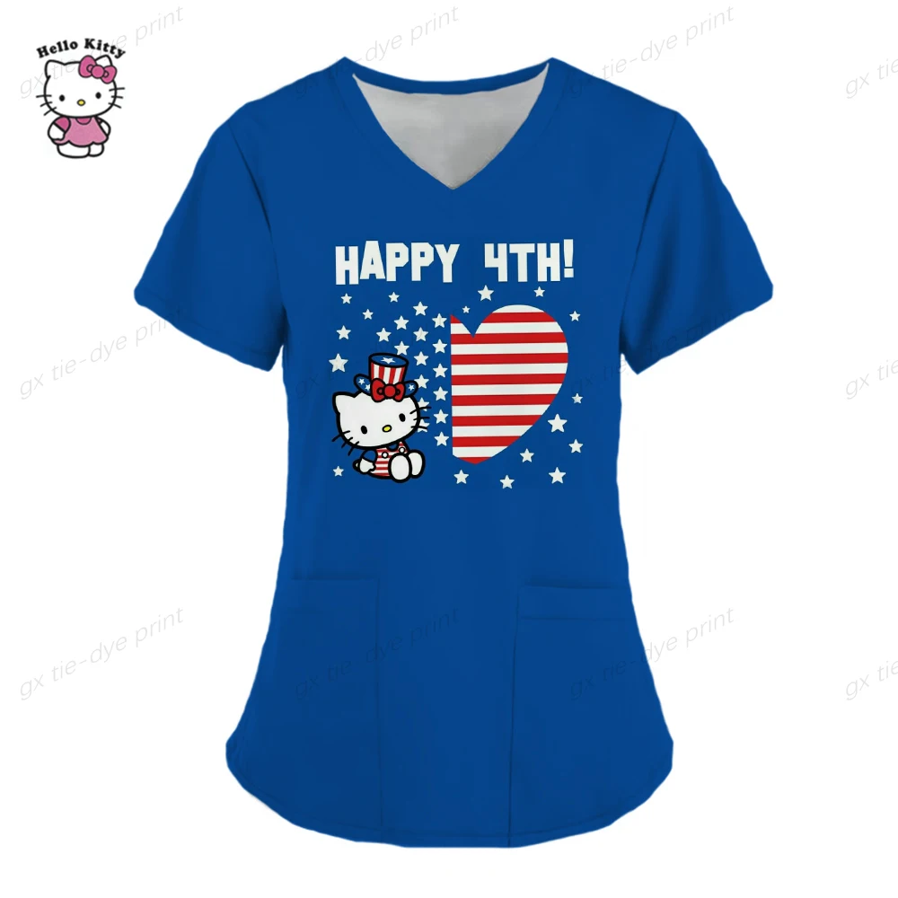 thumbnail image 1 of Camisetas de verano con cuello en V de Hello Kitty, camisetas de hospital para mujer 2023, uniforme de enfermera, ropa de mujer, camisetas con bolsillo, camisetas, 1 of 5