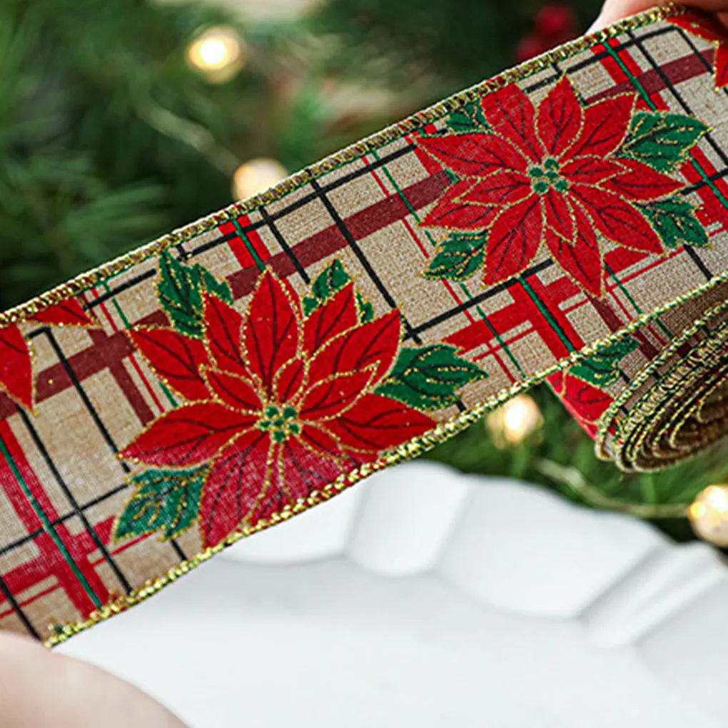 Christmas ribbon Ribbon decoration Ribbon supplies Craft ribbon Imitation hemp ribbon Wire edge Linen Christmas decoration Red and green Snowflake plaid 2M/Roll