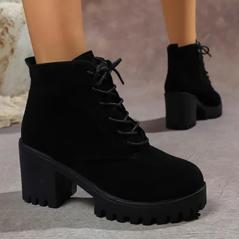 نمط عصري مريح مقاوم للاهتراء ومضاد للانزلاق بكعب عالي أحذية نسائية شتوية مثيرة بأربطة وكعب سميك أحذية المشي