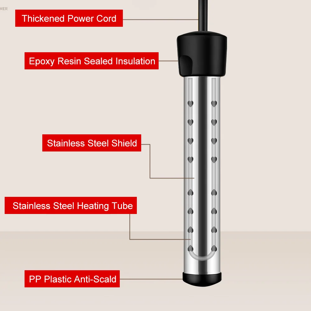 US Plug Immersion Heater Stainless Steel Electric Water Heating Rod Auto Power Off Anti-Scald Portable Immersion Water Heater for Bathtub Bucket Inflatable Pool 2