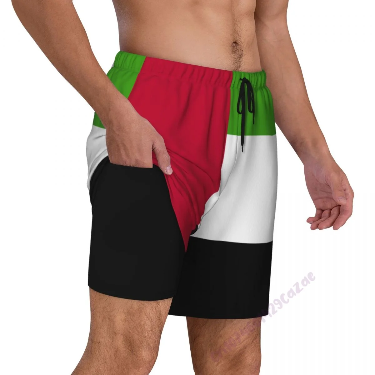 

United Arab Emirates Country Flag 3D Mens Swimming Trunks With Compression Liner 2 in 1 Quick-Dry Swim Shorts With Pockets