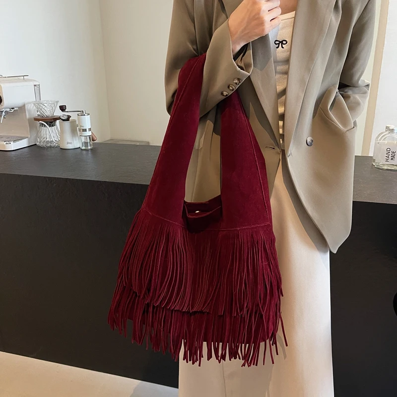 Women Frosted Tassel Shoulder Bag Faux Suede Travel Tote Handbag Large Capacity Vintage Tote Bag Female Shopping Bag