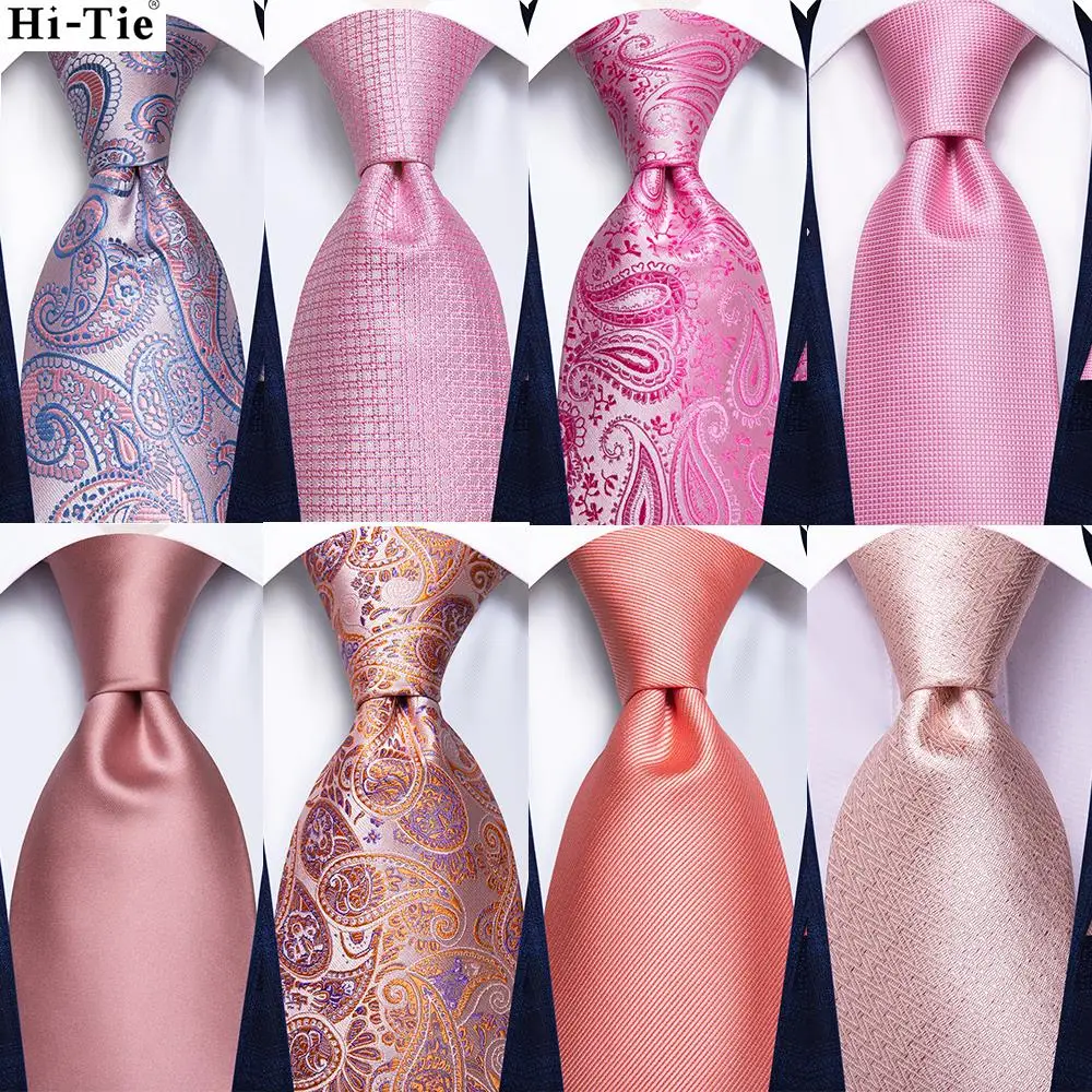 Hi-Tie Peach Pink Coral Solid Mens Silk Wedding Tie Fashion Design Elegant Necktie For Men Quality Hanky Cufflink Business Party