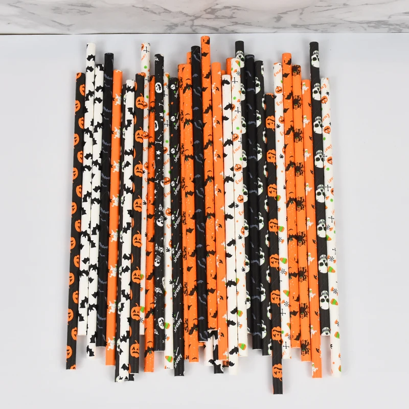 25/50pcs Halloween Paper Straws Pumpkin Bat Spider Ghost Pattern Drinking Straw Halloween Party Home Bar Decoration Supplies