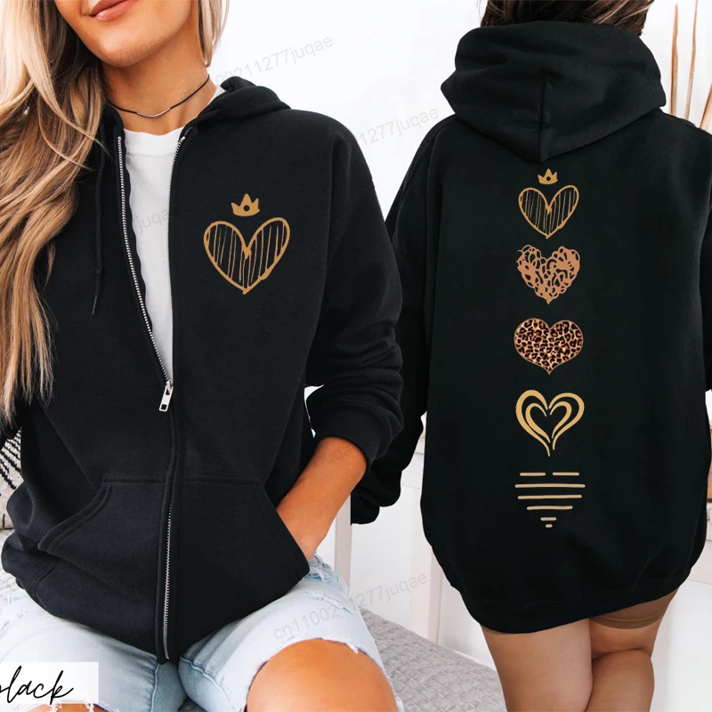 Leopard Heart Print Zip-Up Hoodie