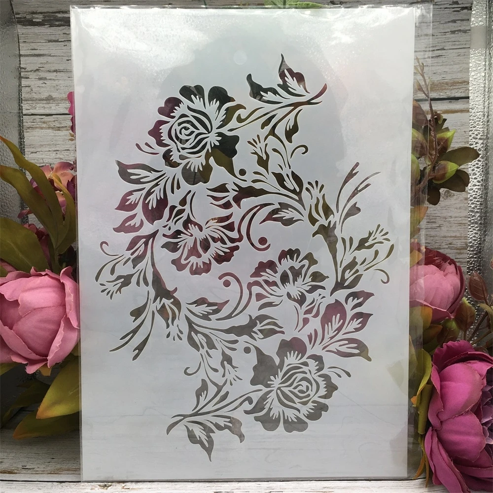 6Pcs A4 29cm Rose Flower Plum Garland DIY Layering Stencils Wall Painting Scrapbook Coloring Embossing Album Decorative Template