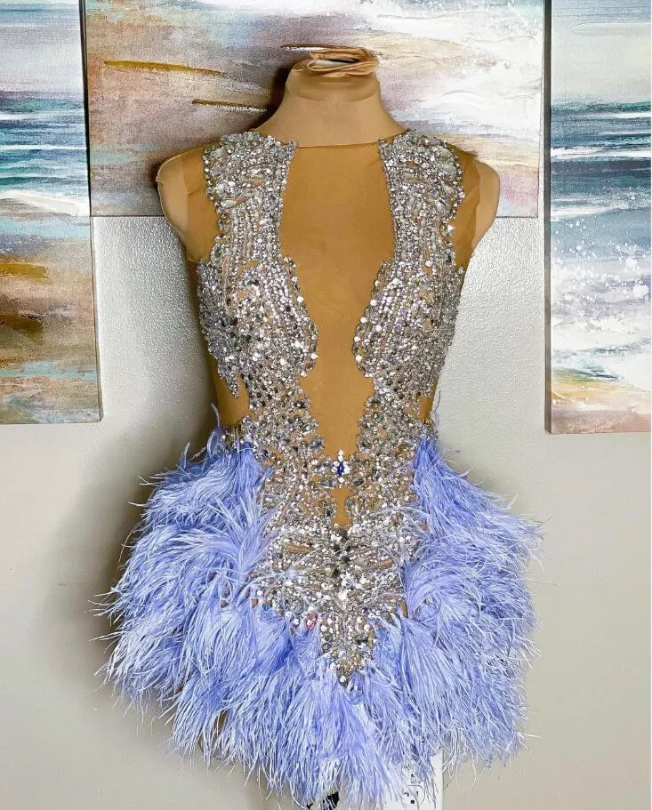 Sky Blue Sparkly Short Prom Abiti Da Ritorno A Casa Per Le Donne Luxury Diamond Crystal Feather Birthday Cocktail Gown Vestidos De Gala