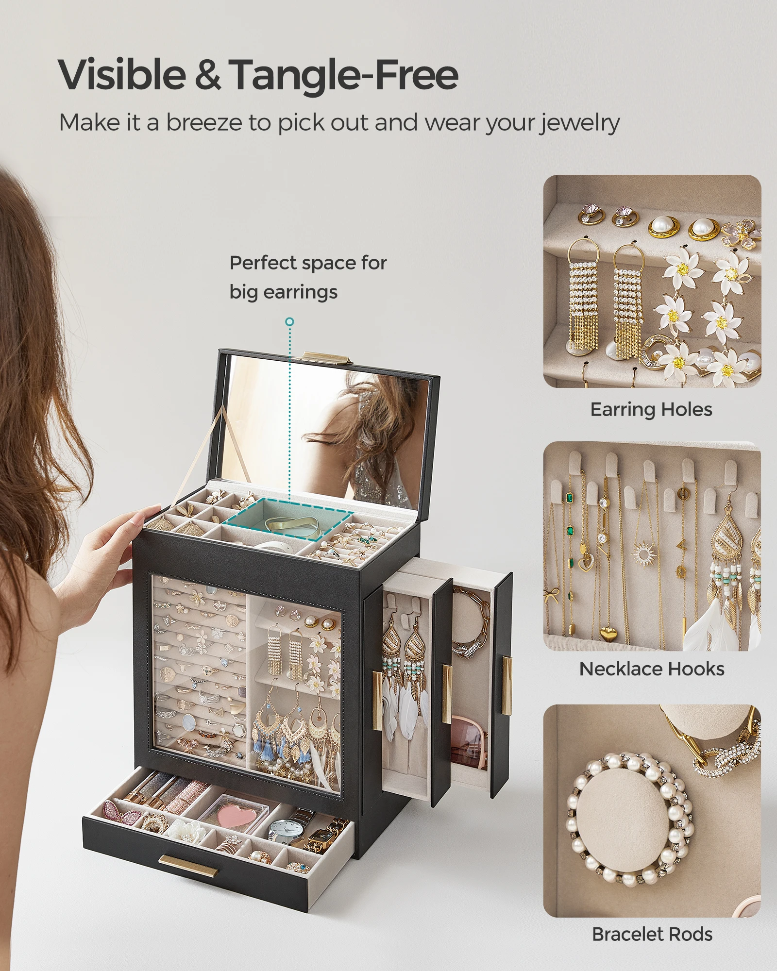 SONGMICS Jewelry Box with Glass Window, 5-Layer Jewelry Organizer with 3 Side Drawers, Jewelry Storage, with Big Mirror, Modern 5