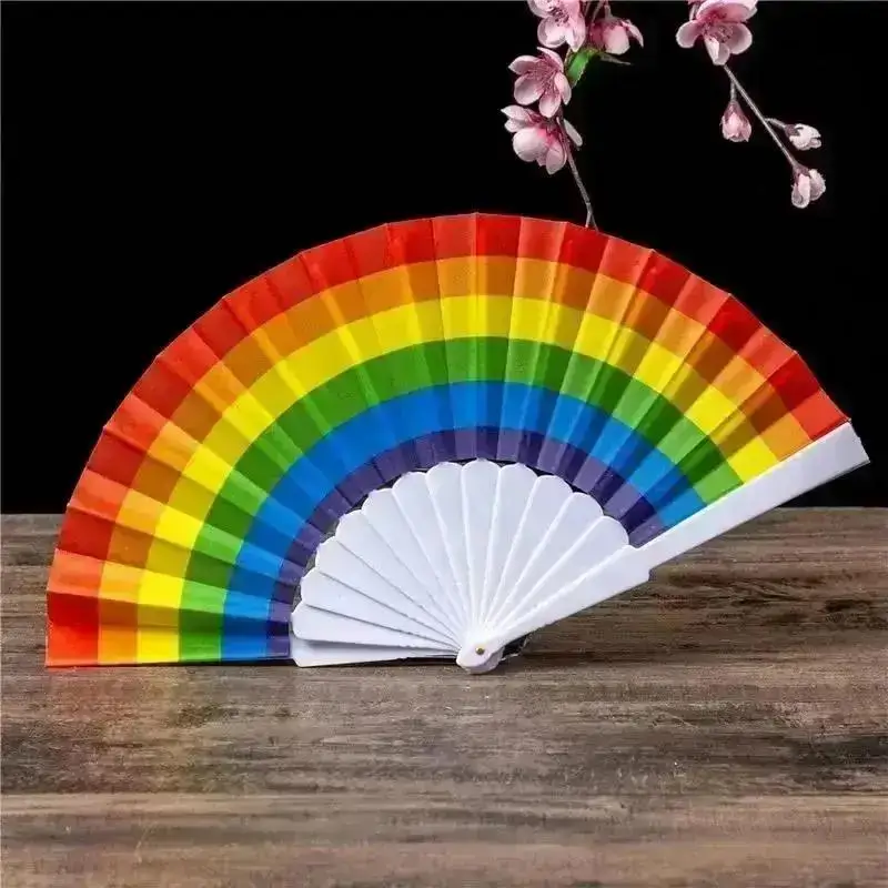 Plastic Hand Crank Fan Foldable Oriental Style Rainbow Silk Fabric Pocket Fans Crafts Party Personality Dance Decoration Home