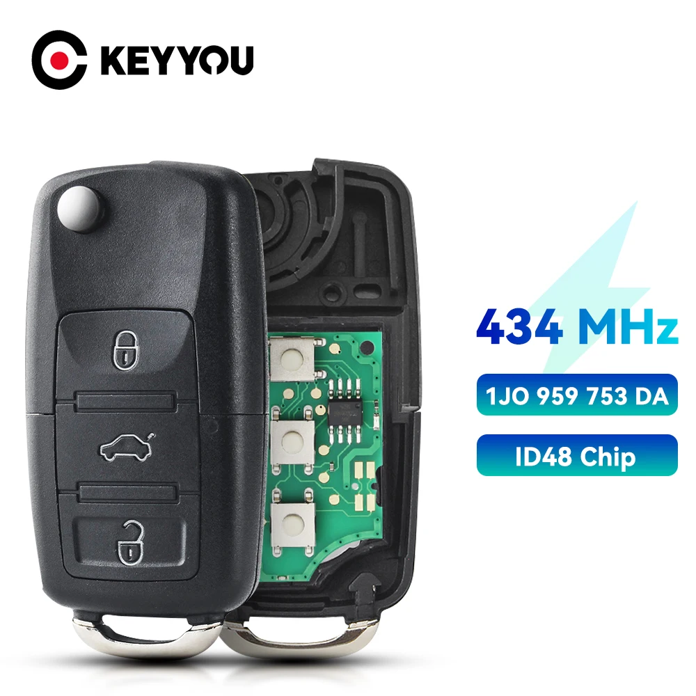 Keyyou ชิป ID48กุญแจรถระยะไกล434MHz สำหรับ Volkswagen VW Beetle Bora Passat B5กอล์ฟที่นั่ง Skoda 1J0959753DA hlo 1J0 959 753 DA