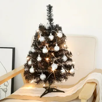 Christmas Tree Set Black PVC Mini 45cm Size With Silver Ornament LED Light Detail Festive Holiday Tabletop Decoration