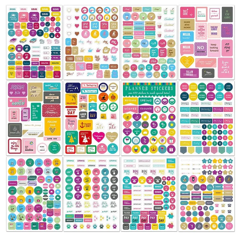 

12 Sheets Planner Stickers Monthly Tabs For DIY Calendar, Weekly Daily Planner Stickers Work Planning Budget Decals