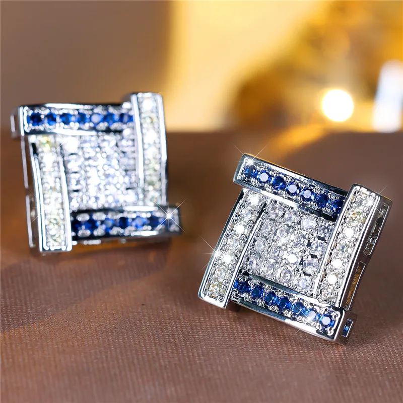 Female Crystal Blue Square Stud Earrings Vintage Silver Color Wedding Fashion Jewelry For Women