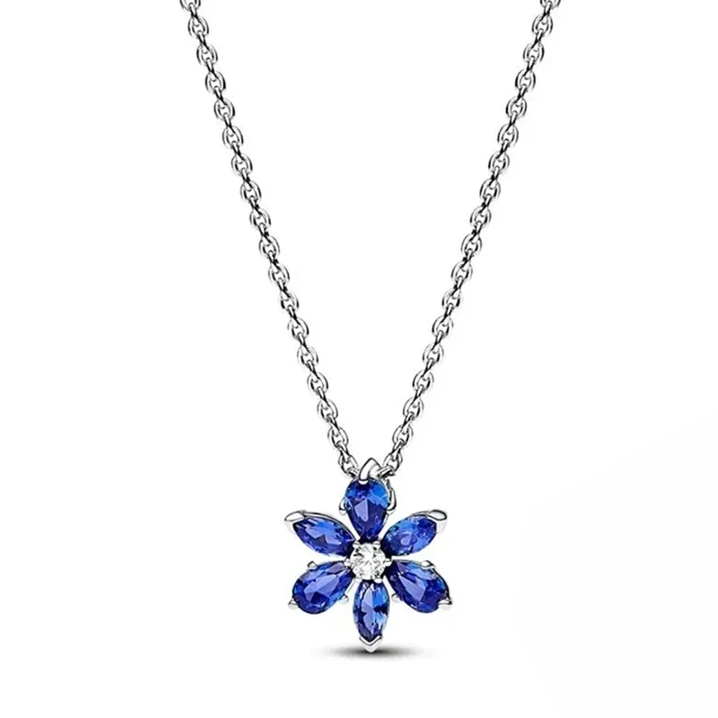 Original LOGO Sweet and Exquisite Blue Pear Blossom Sparkling Water Drop Life Tree Necklace 925 Silver DIY Charming Jewelry