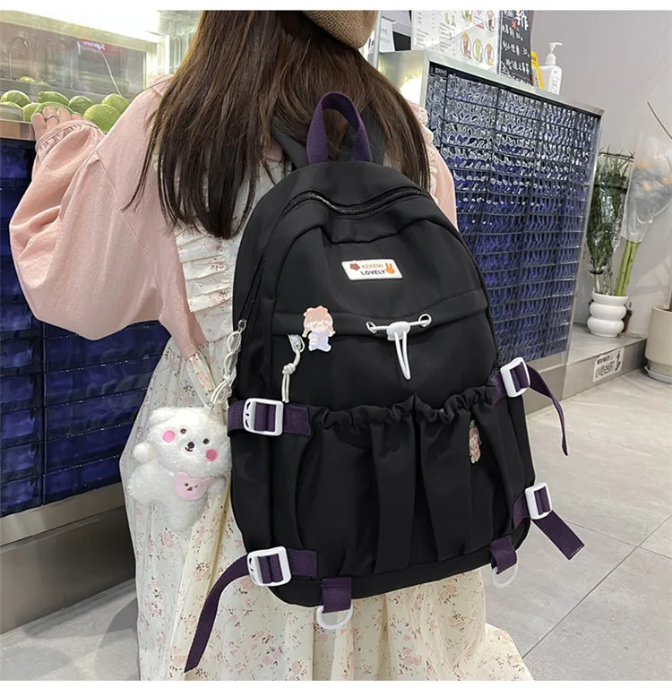 Spring Ladies Cute Backpack Large Elastic Pocket Student Schoolbag Female Fashion Kawaii Bagkpack Teenage Girls Laptop Backpacks