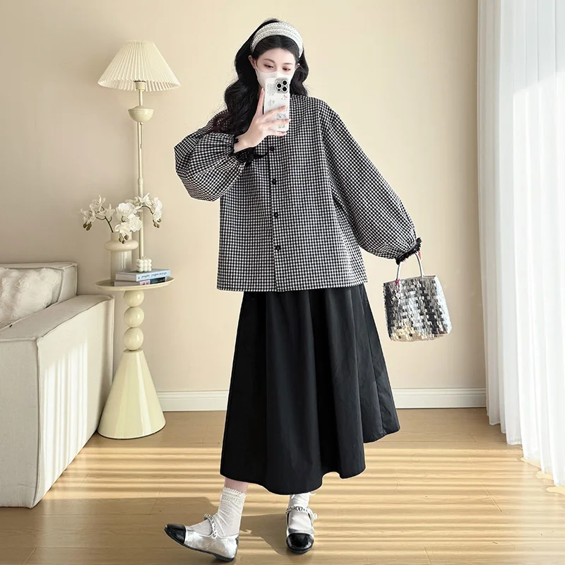 Plus Size Maternity Clothes Set Spring Long Sleeve Plaid Shirts Belly Skirts Twinset Preppy Style Pregnant Woman Skirt Suits