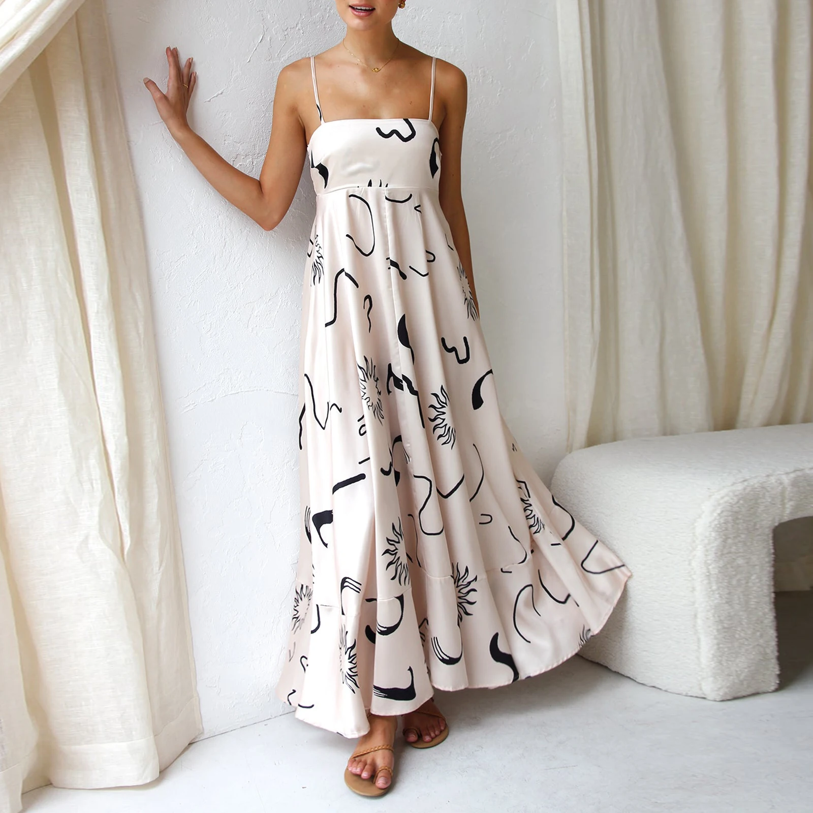 

Women's Vintage Summer A-line Sundress Thin Spaghetti Straps Backless Sun Flower Print High Waist Swing Long Dress
