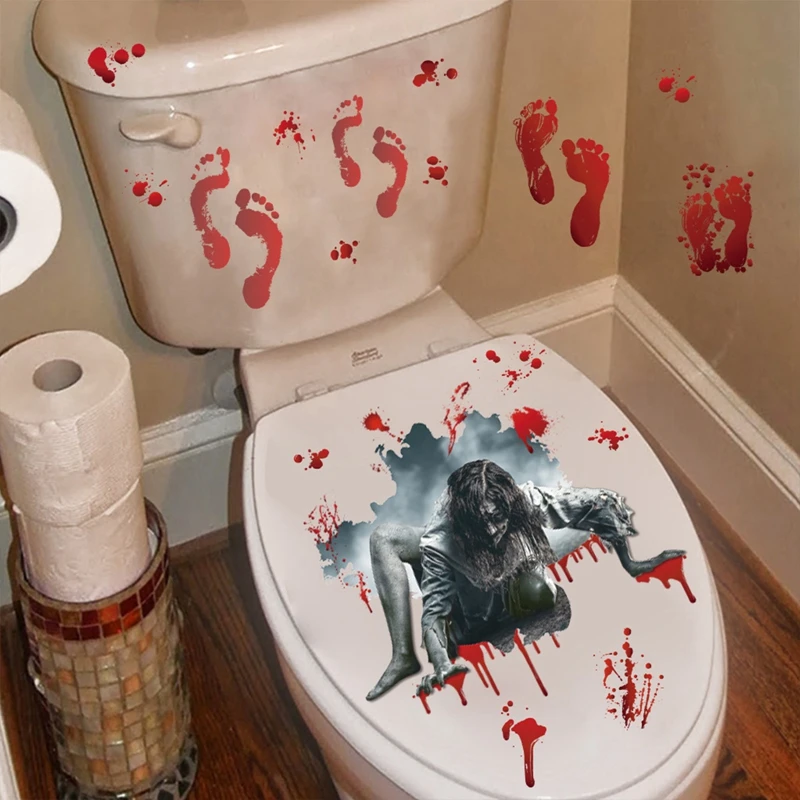 Halloween Horror Toilet Bowl Sticker 3D Horror Wall Sticker Blood Handprint Horror Party Decoration