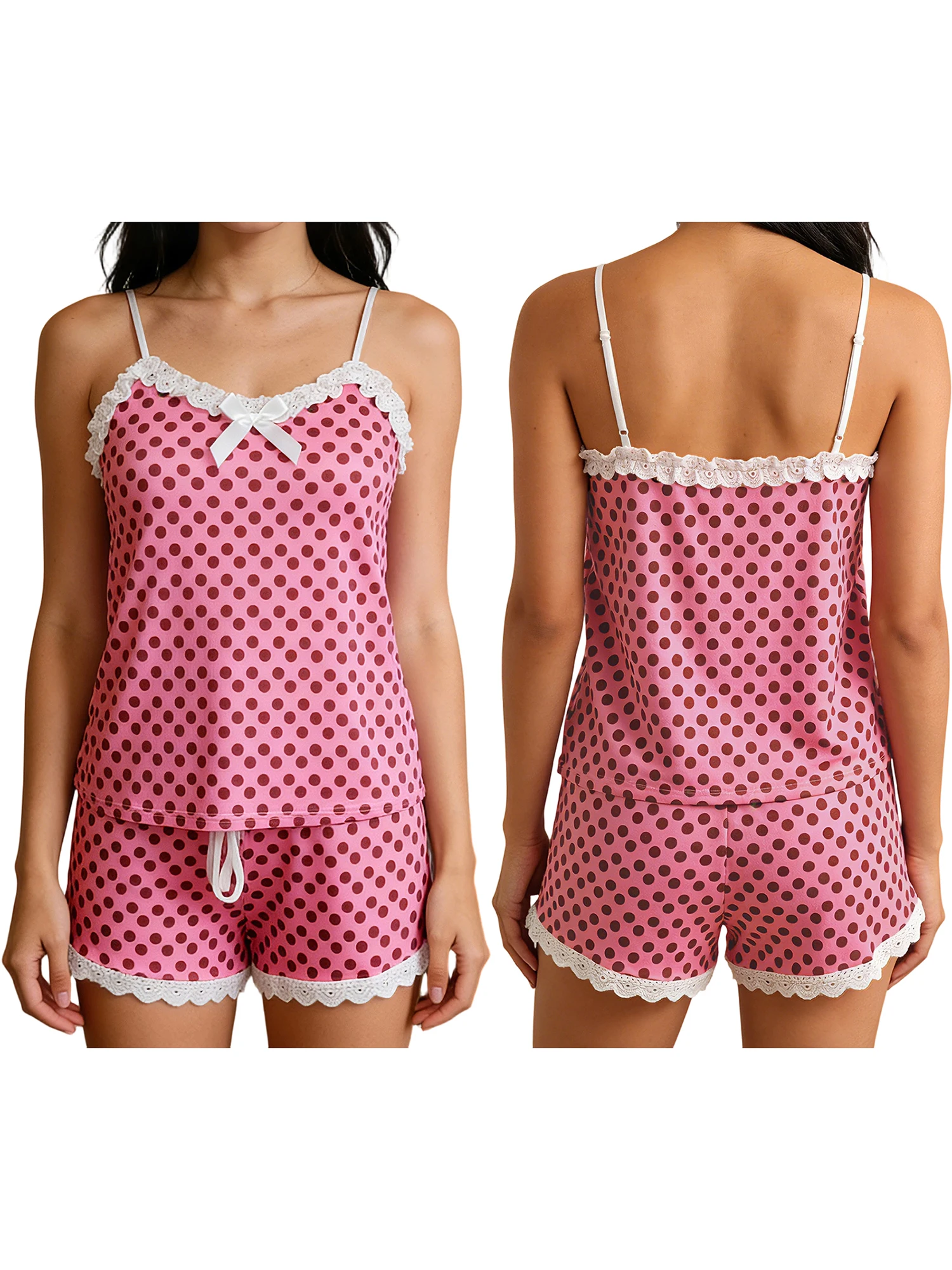 Women s 2-Piece Pajama Set with Sleeveless V-Neck Cami Top and Elastic Waist Shorts Summer Loungewear with Dot Print and Bow