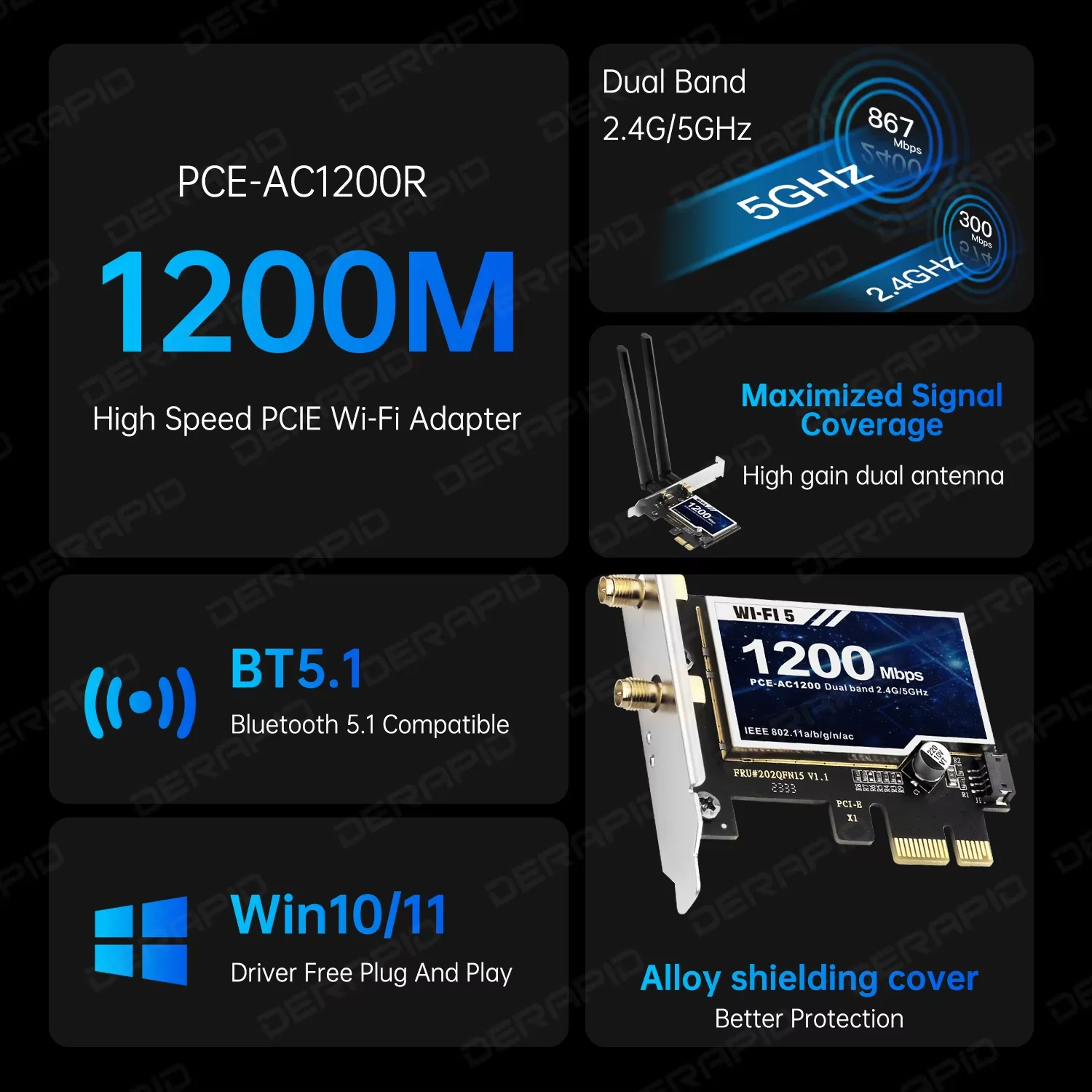 PC용 듀얼 밴드 AC1200 RTL8822CE 안테나 WiFi 카드 Windows 10 11용 Bluetooth5.1 867Mbps 5GHz PCIe 데스크탑 네트워크 어댑터