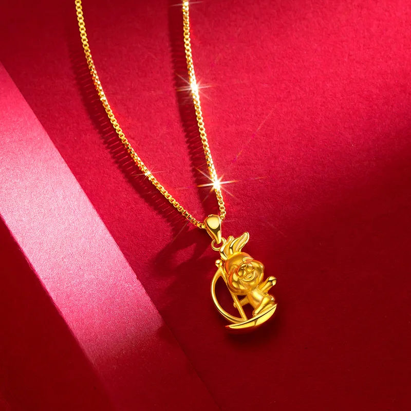 

Pure 24K Yellow Gold Pendant NecklaceSports Bunny Pendant Real 18K Gold Chain for Women Fine Jewelry Christmas Gifts
