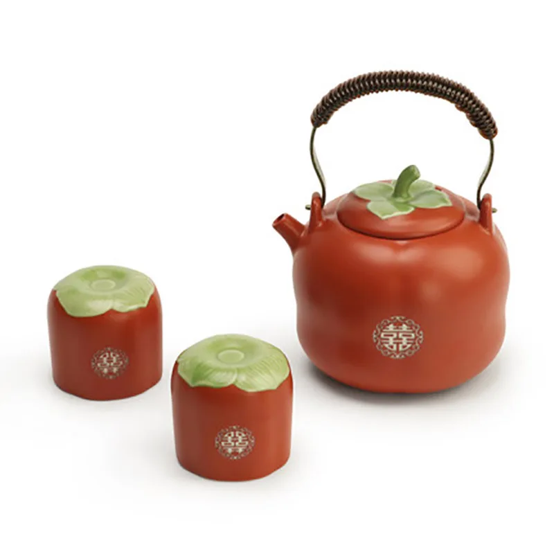 Household Ceramics Persimmon Shape Teapot Set, Teacup, Tea Pot, Ceremony for Chinese Red, Wedding Supplies, Souvenir Gifts