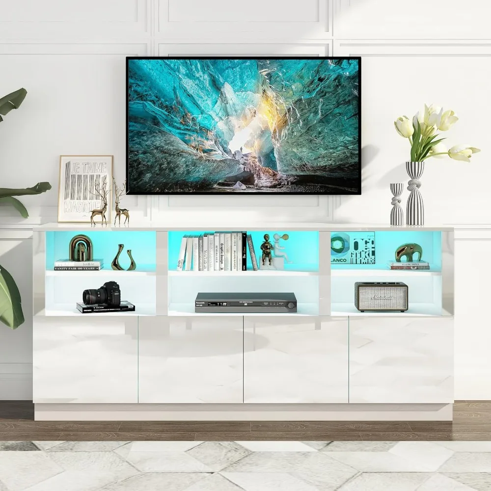 32'' tall white tv stand for 65/75/80/85 inch tvs with rgb led lights,modern high gloss entertainment center cabinet stands with