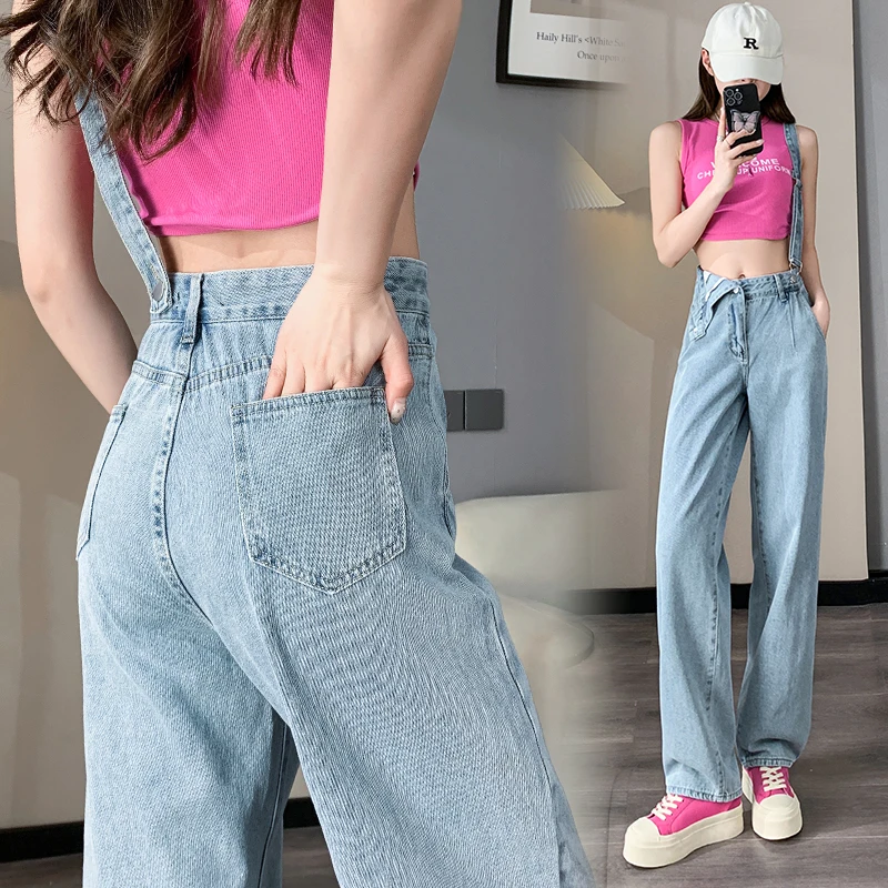 

2023 Spring/Summer New Sweet Loose Washed One Shoulder Denim Strap Pants Women's Jeans Women's Pants High Waist Pants