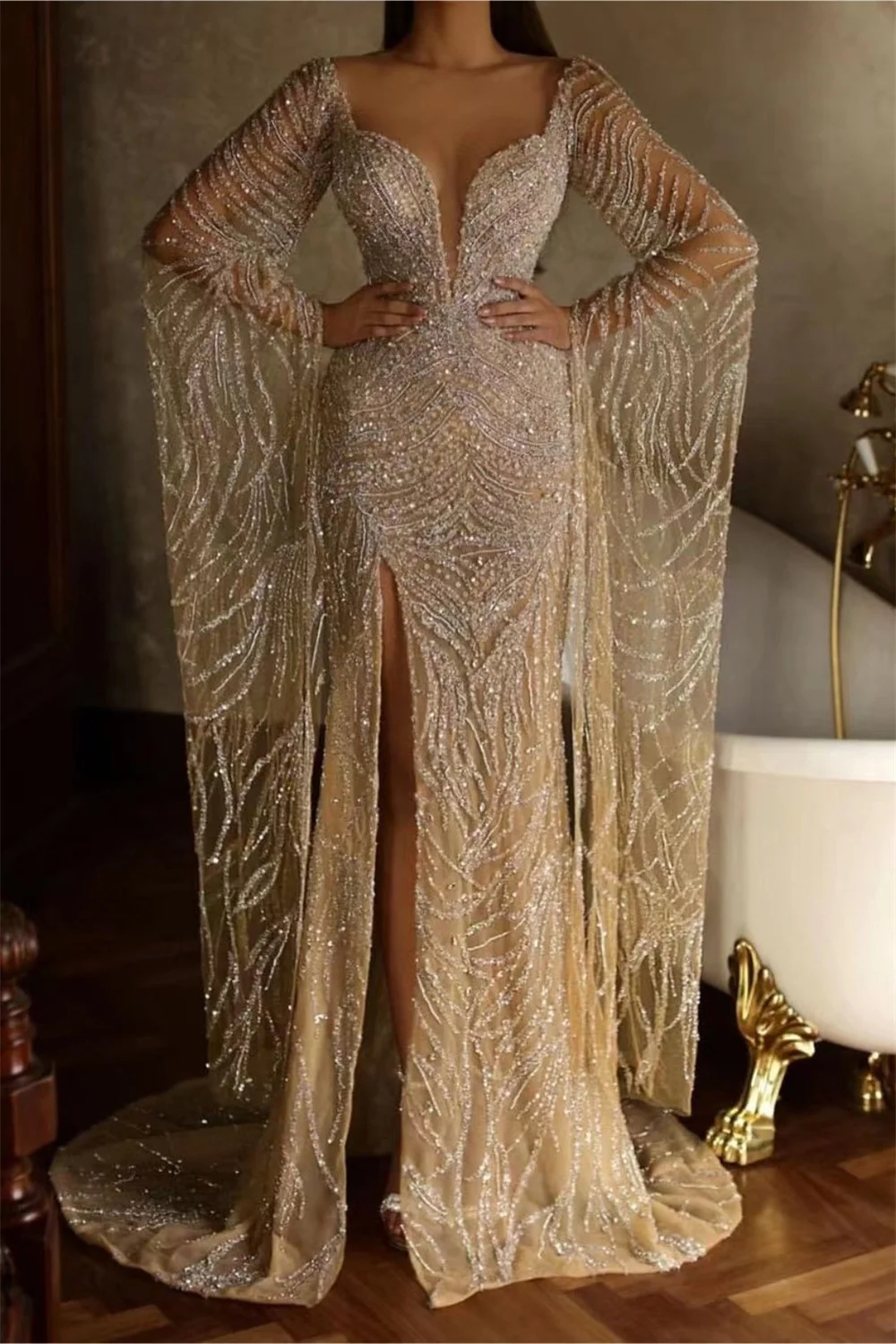 Woman Formal Wedding Guest Evening Prom Cocktail Dresses Sexy Sweetheart Off Shoulder Long Sleeve Beading Mermaid Trumpet evening dresses,cocktail dress