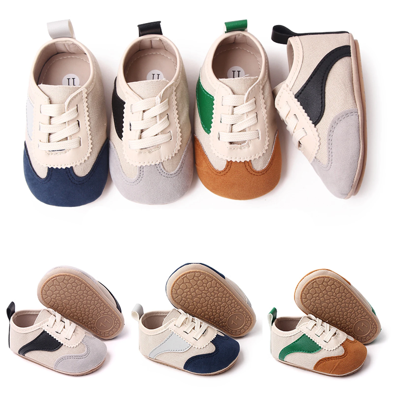 Baby Girls Boys Canvas Shoes Sneakers Rubber Sole Anti-slip First Walkers Contrast Color Tie-up Indoor Outdoor Toddler Moccasins