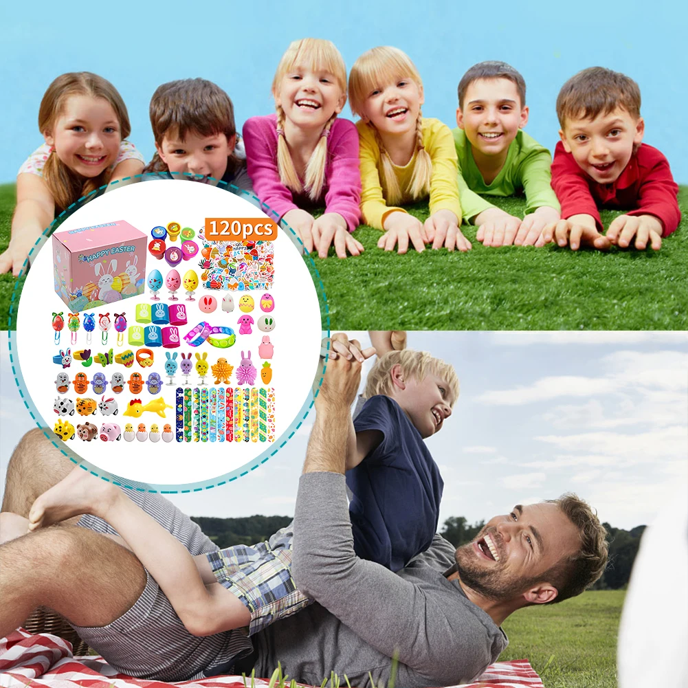 120Pcs Prefilled Easter Eggs Easter Egg Fillers with Assorted Toys Easter Basket Stuffers Easter Egg Toy for Boys Girls