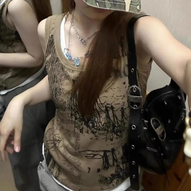 Vintage Gothic Tank Top Women American Spice Girl Punk Casual Loose Summer Tanks 2024 Aesthetic Letter Printing Grunge Tops
