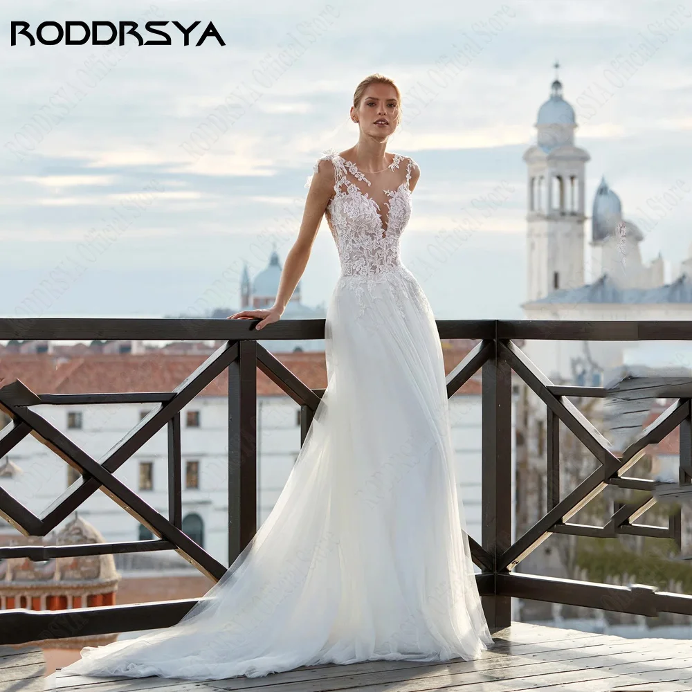 

RODDRSYA Elegant Wedding Dresses For Woman Sleeveless Lace Applique Bride Gowns A-Line Tulle Backless vestido de noiva casamento