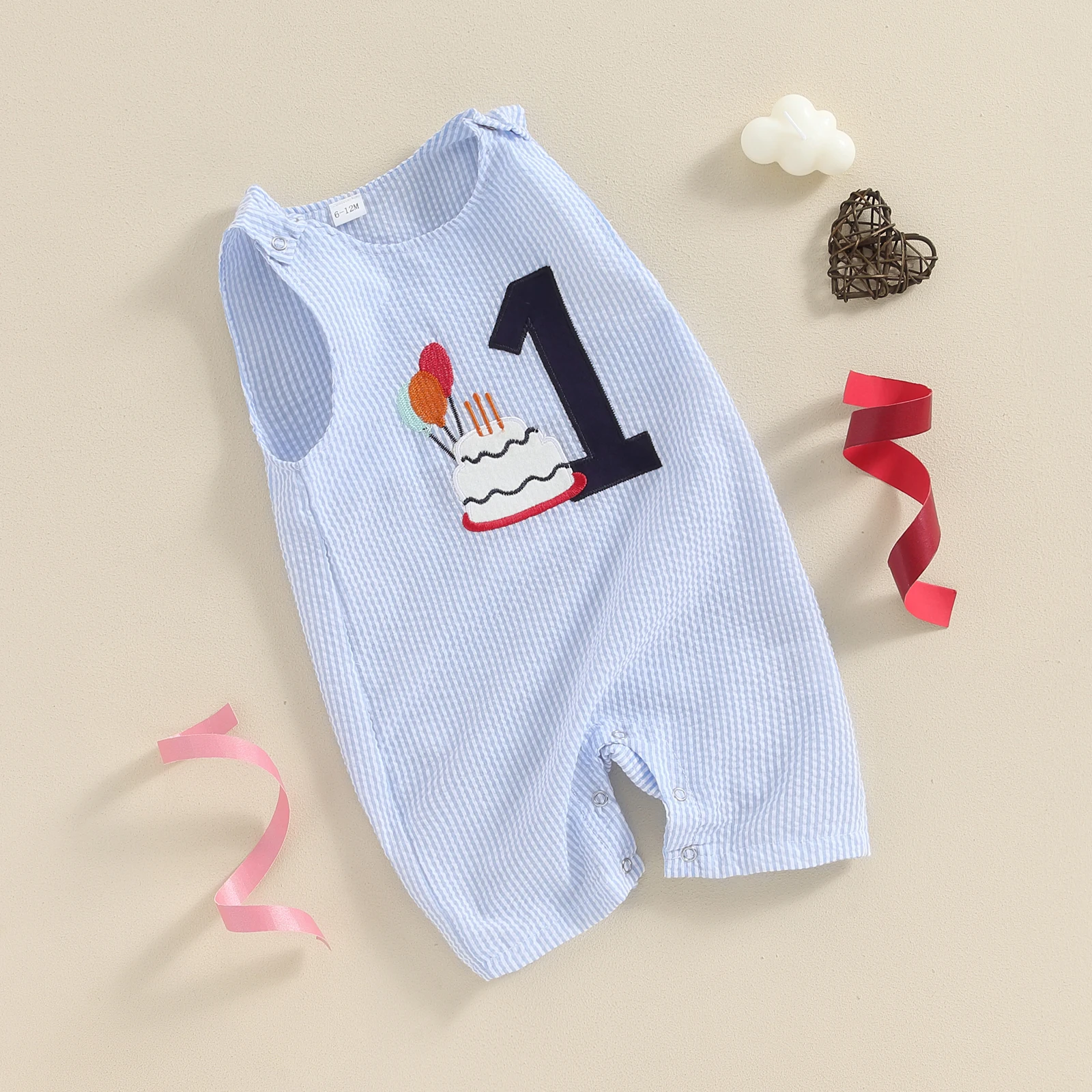 Baby Boys Overalls Romper Sleeveless Letter Embroidery Cake Striped Birthday Jumpsuits 0-18M infant romper