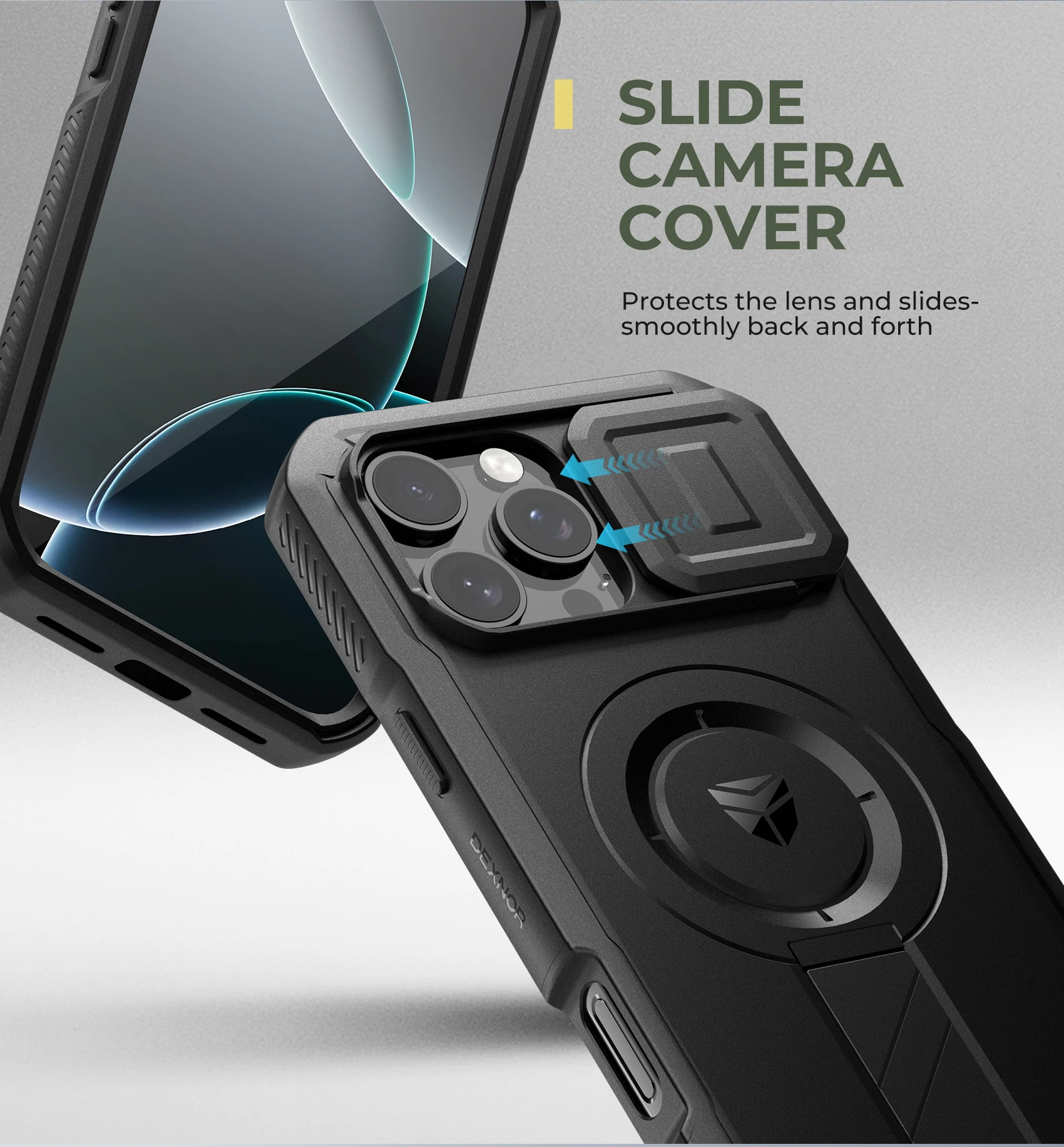Rugged Armor Shockproof Case with Sliding Camera Cover, Screen Protector, and Kickstand