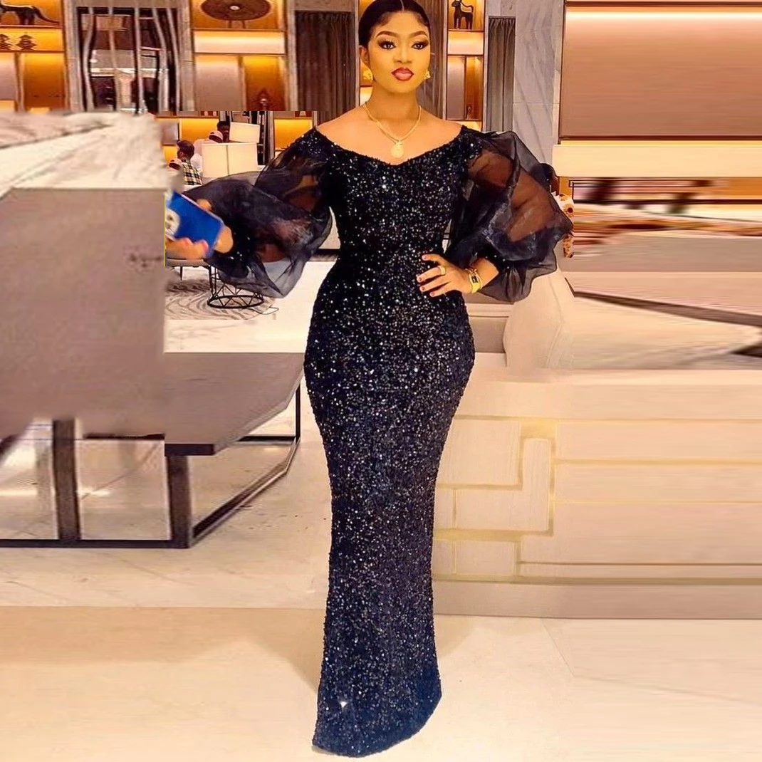 Navy Blue Sequined Mermaid Prom Dresses 