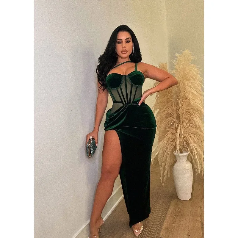 

WUHE Halter Шея без рукавов с высоким Боковым Разрезом сетка бархатная Лоскутная Туника Макси женское платье осень 2023 Vestidos Вечерние