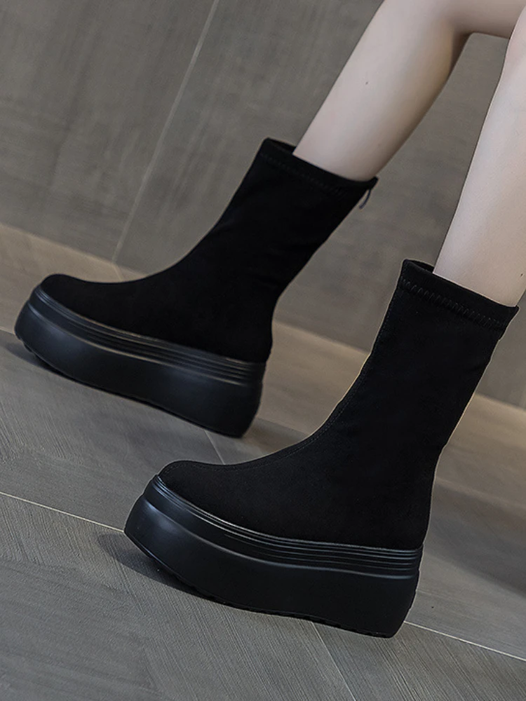 Women's  8cm Suede Leather Platform Boots - true deals club
