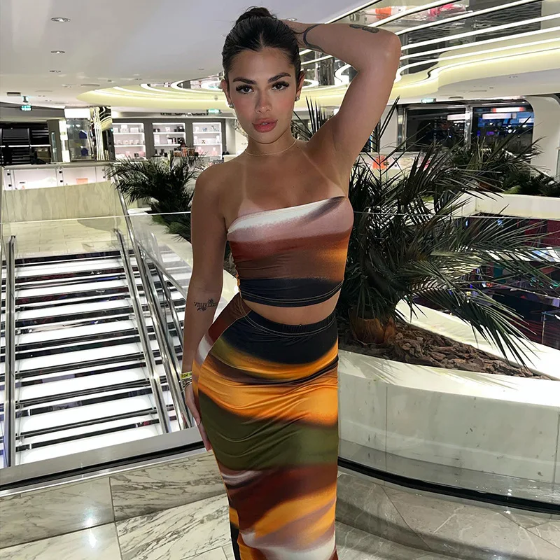 

USA style 2023 summer new women's fashion wrap chest small tank top slim print hip skirt suit women