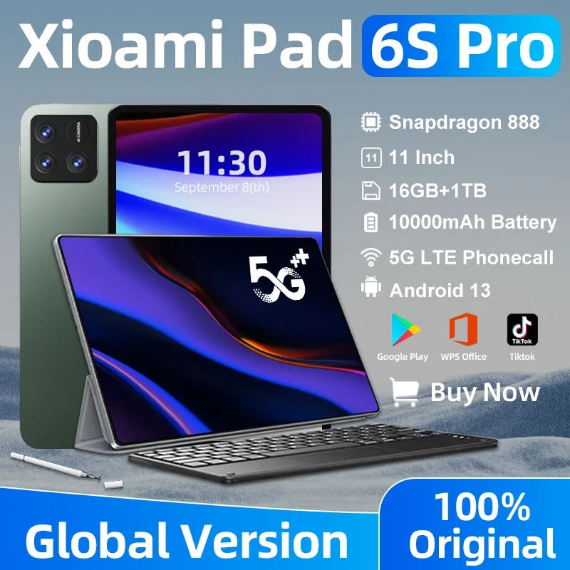 글로벌 버전 오리지널 패드 6S 프로 안드로이드 13.0 태블릿 PC, 스냅드래곤 888, 11 인치, 16GB + 1TB, 10000mAh, 5G 듀얼 SIM, 와이파이, 미 탭